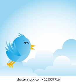 cute blue bird with clouds over blue background. vector