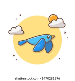 Cute Blue Bird Flying with Clouds and Sun Vector Illustration. Bird Flying in The Sky Mascot Logo. Pet. Flat Cartoon Style Suitable for Web Landing Page, Banner, Flyer, Sticker, Wallpaper, Background