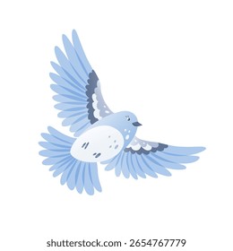 Cute blue bird flying with spread wings isolated on white. Flat cartoon character in vector with soft gradients. Suitable for stickers, posters, greeting cards, children’s books, and decorations.