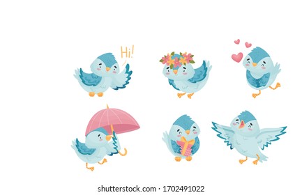 Cute Blue Bird Greeting and Standing with Spread Wings Vector Set