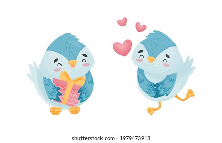 Cute Blue Bird Holding Gift Box and Feeling Love Vector Set