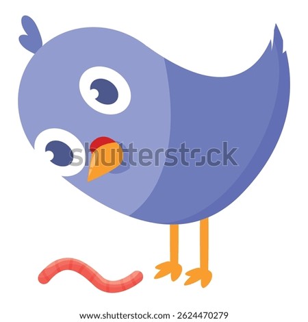 Cute blue bird looking at red worm on the ground
