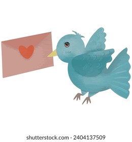 A cute blue bird with love envelope vector watercolor style.Bird with love envelope happy valentine day.