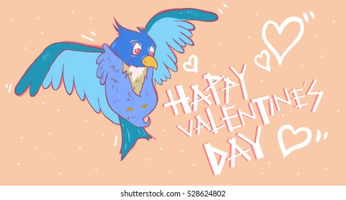 Cute blue Bird in love. Happy Valentine's day postcard. Vector illustration.