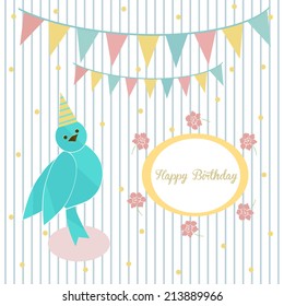 Cute blue bird on a background of festive garland and frame with flowers with the words Happy Birthday
