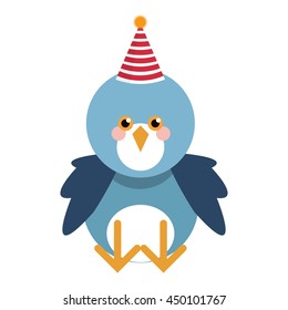 Cute blue bird with party hat isolated vector illustration