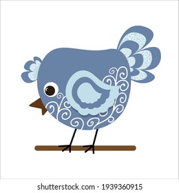 Cute blue bird print on abdomen and tail illustration, white twigs