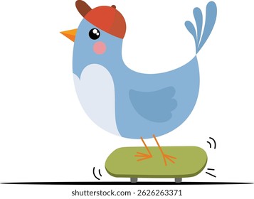 Cute Blue Bird Riding a Green Skateboard
