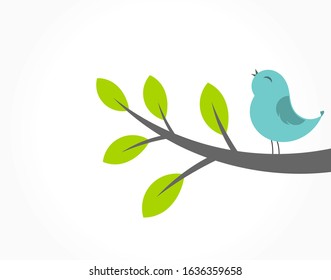Cute blue bird singing on the tree branch. Spring vector illustration.