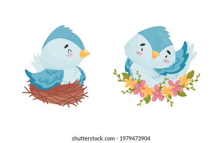 Cute Blue Bird Sitzen im Blumennest Vectorset