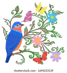 cute blue bird sitting on twigs of green leaves ornament surrounded by flowers and flying butterflies. romantic swirl floral pattern for your design