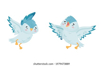 Cute Blue Bird with Spread Wings Tweeting Vector Set