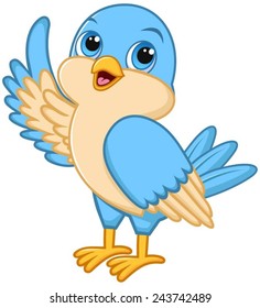 Cute blue bird, standing with one wing in the air.