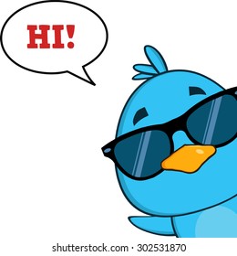 Cute Blue Bird With Sunglasses Cartoon Character Looking From A Corner With Speech Bubble And Text. Vector Illustration Isolated On White
