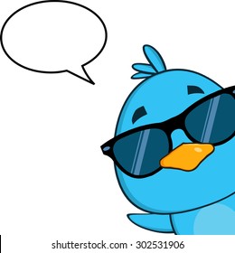 Cute Blue Bird With Sunglasses Cartoon Character Looking From A Corner With Speech Bubble. Vector Illustration Isolated On White