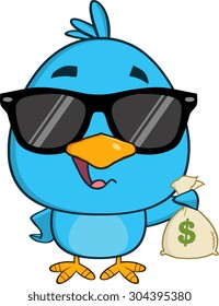 Cute Blue Bird With Sunglasses Cartoon Character Holding A Bag Of Money. Vector Illustration Isolated On White