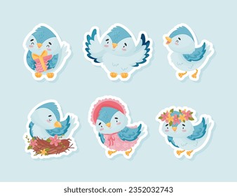 Cute Blue Bird with Wings and Beak Vector Sticker Set