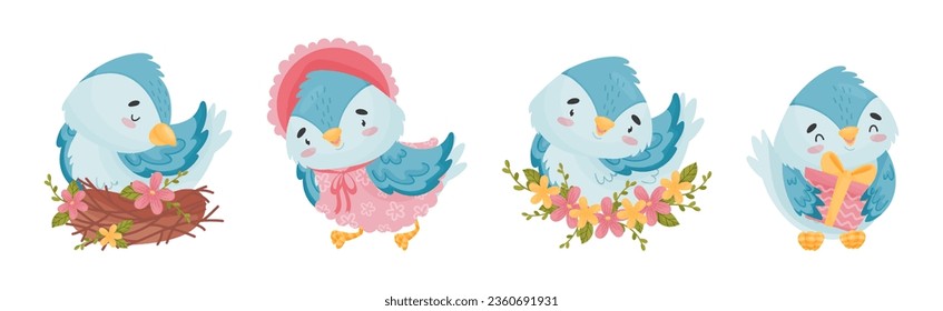 Cute Blue Bird with Wings and Feathers Vector Set