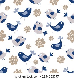 Cute Blue Birds seamless pattern