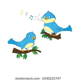 Cute blue birds singing and sitting on a branch vector illustration