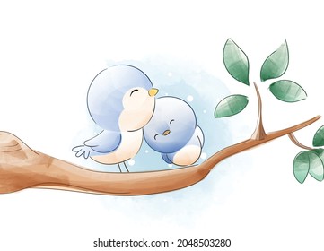 cute blue birth watercolor hand draw illustration