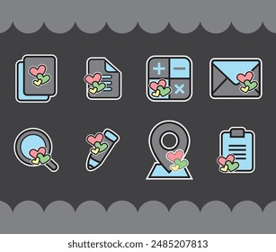 Cute blue black icon pack with love heart image to make a theme.
Icon copy, notes, calculator, messages, email, search, pen, write, location maps and list.