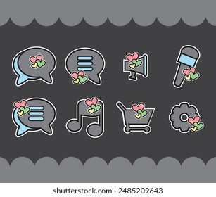 Cute blue black icon pack with love heart image to make a theme.
Icon chat, chat list, media, music, sound, mic, microphone, shop, shopping and settings.