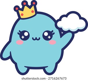 A cute blue blob character wearing a royal crown and holding a white cloud. High quality kawaii vector illustration for stickers, kids design, and printable planners.

