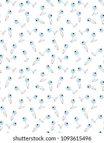 Cute Blue Bluberries Seamless Vector Pattern. Abstract Hand Drawn Blue Berries on a White Background. Simple Floral Vector Illustration for Textile, Card, Wrapping Paper, Baby Boy Party Decoration.