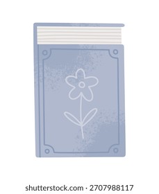 Lindo libro azul. Ilustración en estilo plano. Portada de libro de Antiguas con flor. Ilustración vectorial aislada sobre fondo blanco.