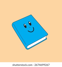 Libro azul lindo con cara sonriente sobre fondo amarillo claro