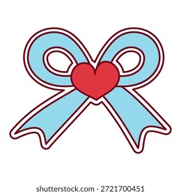 Linda etiqueta engomada azul del arco con corazón rojo. El día de San Valentín. Es un elemento para tarjetas de felicitación, invitaciones, bodas y embalajes.