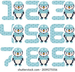 Cute blue boy penguin different numbers set