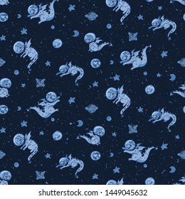 Cute blue boys astronaut dragon cartoon seamless vector pattern. Hand drawn space fairytale tile. All over print for galaxy blog, fantasy graphic, universe home decor.