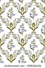 Frisch blauer Zweig des vergessenen nicht blühenden, nahtlosen Musters. Delikate Sommerkräuterstruktur. Vektorhintergrund für Papier, Deckel, Stoff, Inneneinrichtung.