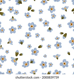 Cute blue branch of forget-me-not flower seamless pattern. Delicate summer herb texture. Vector background for paper, cover, fabric, interior decor.