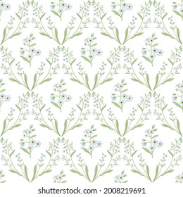 Cute blue branch of forget-me-not flower seamless pattern. Delicate summer herb texture. Vector background for paper, cover, fabric, interior decor.