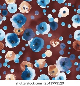 Cute blue and brown floral seamless watercolor pattern on watercolor background. Flower vector illustration. Watercolor print in rustic vintage style, textile or wallpapers.