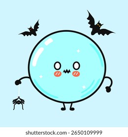 A cute blue bubble with kawaii facial expression is holding a spider and surrounded by two bats, all over a soft blue background.