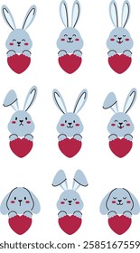 Cute blue bunnies with red hearts set. Faces of bunnies with different emotions.