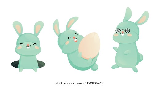 Cute blue bunnies in the set. Isolated image of baby rabbits: protruding from a mink, sitting rabbit with glasses, rabbit with an egg on a white background. Vector illustration.