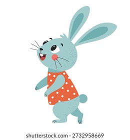 Cute Blue Bunny Dancing. Cartoon Rabbit Character in Dress. Kids Illustration. Easter and Spring Nursery Design. Isolated on white background.