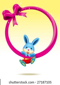 A cute blue bunny hanging on the bottom of a pink sparkling ring shape ribbon with empty area for text.