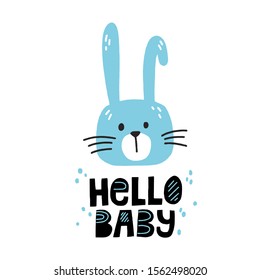 Cute blue bunny and hello baby slogan. Hand drawn vector illustration and lettering for newborn poster design