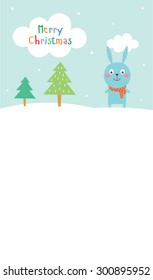 cute blue bunny merry christmas greeting card vector