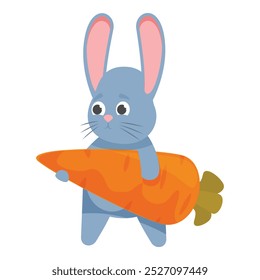 Cute blue bunny rabbit cartoon character carrying a big orange carrot