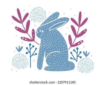 Cute blue bunny rabbit in meadow, hand drawn vector card or a poster in linocut style, isolated on white