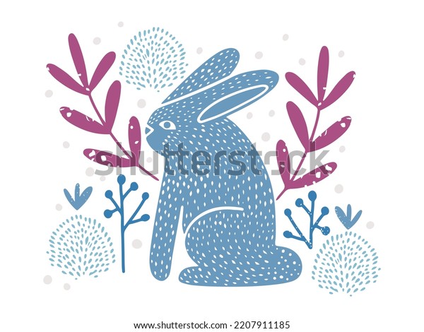 Cute Blue Bunny Rabbit Meadow Hand Stock Vector (Royalty Free ...