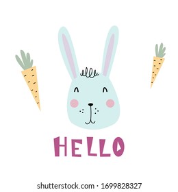 Cute blue Bunny in the Scandinavian style of flat illustration. Rabbit, carrot and calligraphy on a white background. Design idea for a children's t-shirt, tableware, postcard.