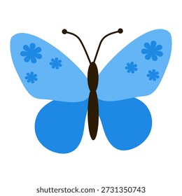 Cute blue butterfly with a floral pattern on its wings. Simple, minimalist flat vector illustration. Symmetrical, centered composition isolated